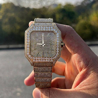 Montre automatique entièrement sertie de diamants, de haute qualité, en acier inoxydable plaqué or 18 carats, avec un cadran carré en moissanite, pour hommes