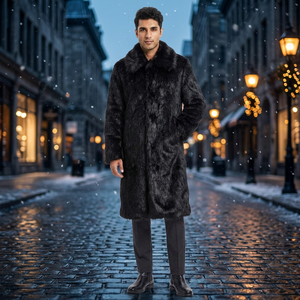 Abrigo Largo de Piel Sintética Negra para Hombre con Cuello Peludo, Abrigo de Invierno de Lujo - Product Image 3