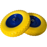 Roue en mousse PU 4.00-8, pleine et anti-crevaison, avec bande de roulement jaune à picots et jante en acier peinte bleu, pour chariot à main et brouette