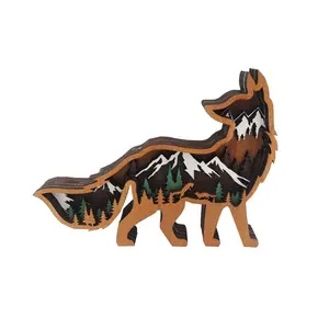 Christmas Wooden Fox Crafts Decoration North American Forest Animal Home Decoration Fox Ornament