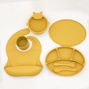Minimalist Manual Suction Silicone Baby Weaning Tableware Set with Divided Plate Bib Spoon Fork Cup Lid <b>for</b> 6 Months - Product Image 5