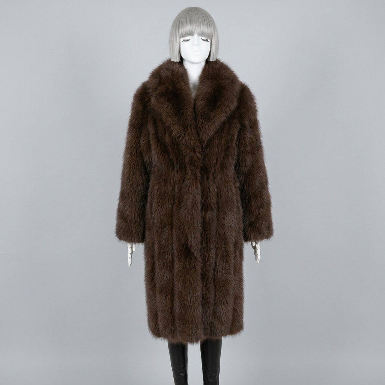Custom Women's Long Faux Fur Coat 115CM Brown Winter Plush Overcoat