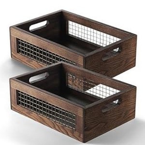 Wooden Storage <b>Basket</b> With Handles 12x8.5x4 Inch Solid Wood Organizer For Fruits <b>Vegetables</b> Cosmetics Desktop Use - Product Image 2