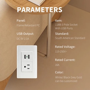 Nam Mỹ tiêu chuẩn lõm USB ổ cắm <span class=keywords><strong>118</strong></span>*72 Mét USA 3 pins Ổ cắm điện ổ cắm với USB loại A + một USB sạc Ổ cắm - Product Image 2