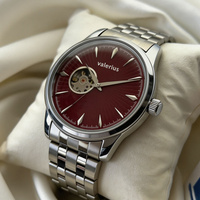 Jam Tangan Otomatis Valerius Men, Dial Burgundy Sunburst Open Heart Skeleton, Gelang Baja Tahan Karat