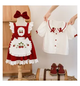 WY2023 자수 딸기 유아 아기 스페인어 빨간 드레스 블라우스 유아 소녀 빈티지 의류