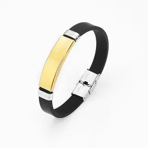 Environmentally Friendly Custom Ajustable Belted Bangles Rubber Silicone And Stainless Steel Letter Charm Bracelet Men