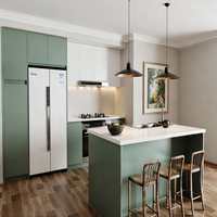 Ensemble d'armoires de cuisine modernes modulaires en bois, stratifié blanc, verre, contreplaqué et MDF, avec comptoir en marbre, charnières et robinet, pour appartement