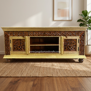 Meuble TV traditionnel en bois sculpté à la main avec finitions en laiton antique pour salon / salle de séjour / hall d'entrée Rajasthan - Product Image 5