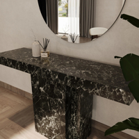 Table console en marbre blanc Dream Home, plateau rectangulaire épais, piétement à triple lamelles, meuble d'entrée en pierre naturelle