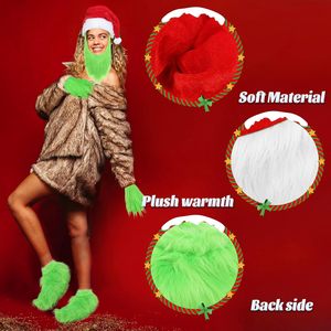SINSEN Disfraz de Monstruo Verde con Barba, Gorro de Santa, Guantes Peludos, Zapatos de Peluche, Accesorios de Disfraz, Cosplay, Unisex, Adulto - Product Image 2