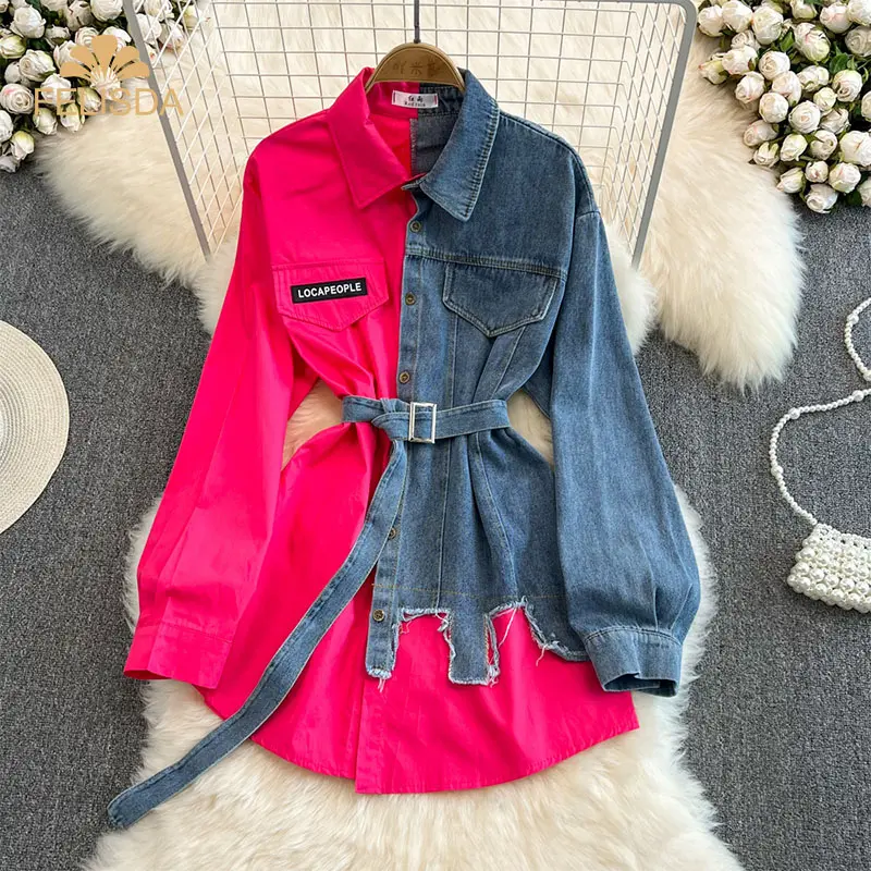 Fashionable Vintage Denim Blouses Tops Long Sleeve Slim Waist Contrast Color Women Shirts Casual Patchwork Elegant Jeans Tops