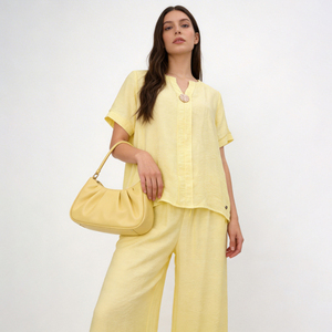 Ensemble 2 pièces pour femmes, été, haut à manches courtes jaune et <span class=keywords><strong>pantalon</strong></span> large, tenue décontractée, tenue de resort - Product Image 2