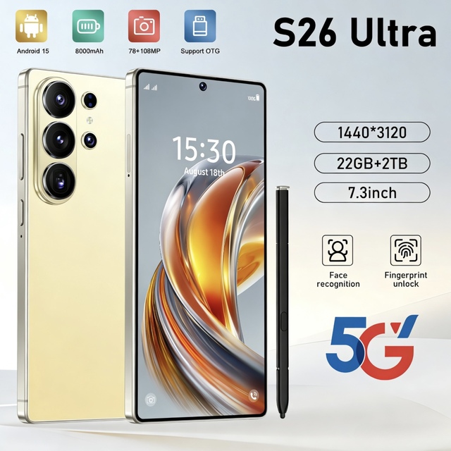 S26 Ultra 22GB+2TB 2026 Top Ranking 5G Mobile Phone 7.3inch Display 8000mAh Deca Core 108MP Android 15 for Gaming Unlocked Phone