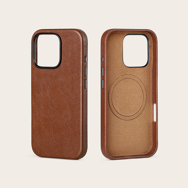 Best Selling Full Grain Cow Leather Genuine Magnetic Shockproof Luxury Design Phone Case for 16 Pro