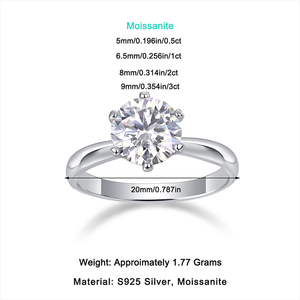 خواتم خطوبة كلاسيكية بستة مخالب، قطع دائري 1 قيراط و2 قيراط و3 قيراط، خواتم زفاف ووعد من الموسانيت للنساء - Product Image 5