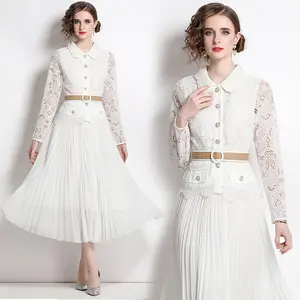 New Design Long Sleeve Medium Long Hollow Out Pleated Embroidery Long Lace Dress for Woman