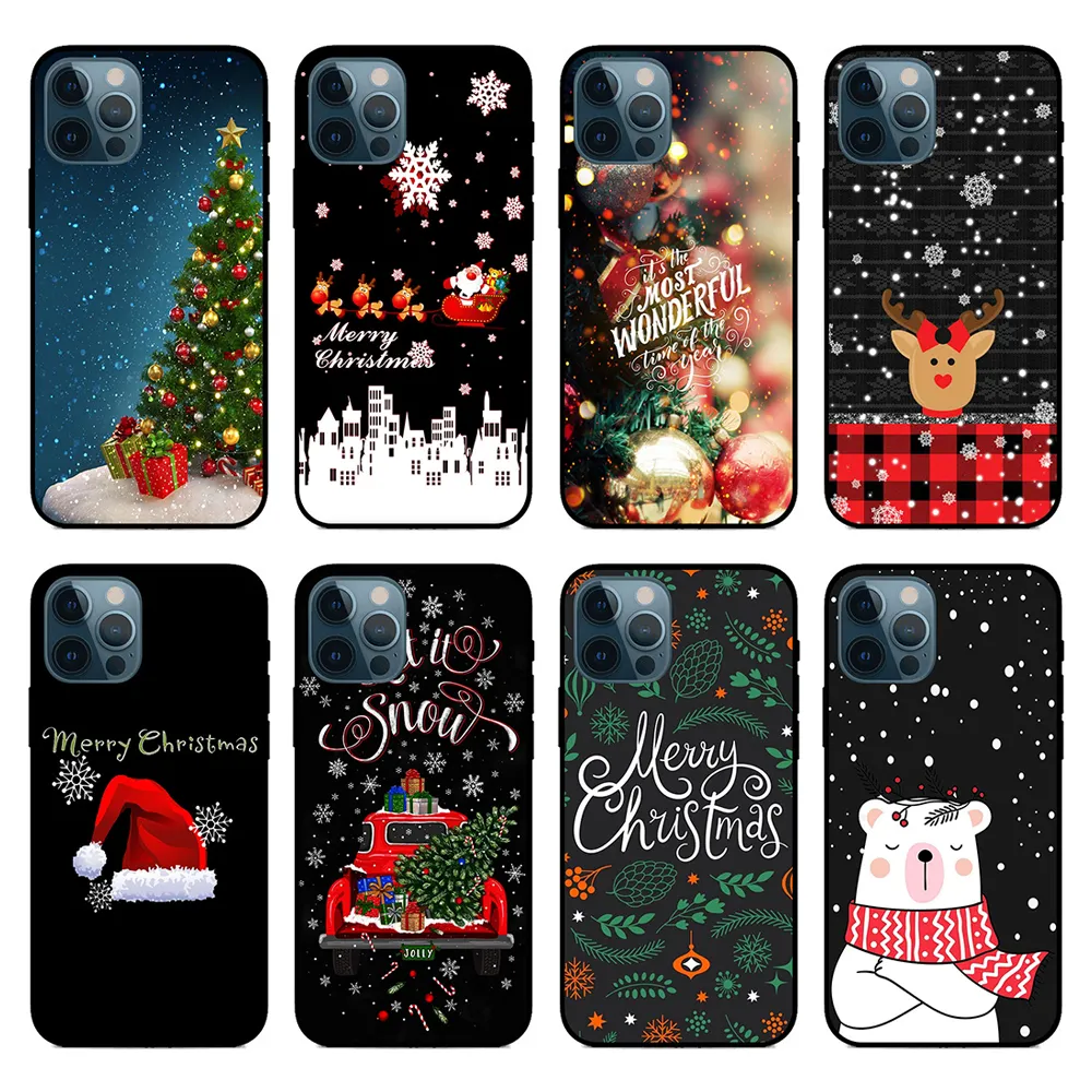 Christmas Elk Phone Case For iPhone 14 11 12 13 Pro Max Mini 2021 7 8 6S Plus X XR XS Max Cartoon New Year Silicone Black Cover