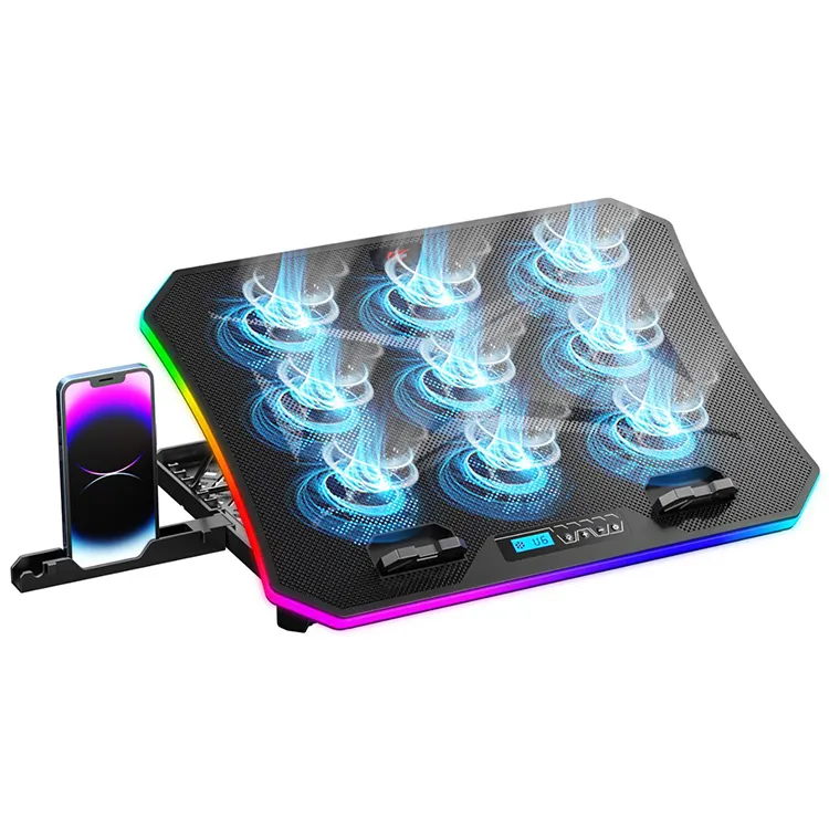Havit F2070 Pro Höhen verstellbares faltbares USB RGB 9 Lüfter Laptop Kühler Kühl kissen mit Display-Taste Handy halter