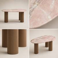Table à manger moderne en marbre rose naturel, forme ovale, base cannelée dorée, mobilier de luxe en pierre, 6 places, personnalisable pour villa