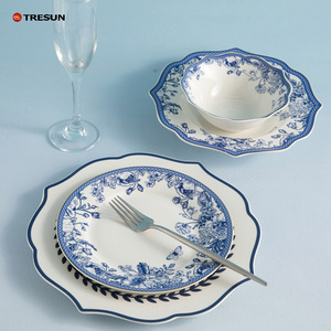 Ensemble de vaisselle en céramique bleu blanc fleur fantaisie assiettes à dîner en porcelaine Vintage plats à Dessert bols à soupe tasses soucoupes ensembles - Product Image 1