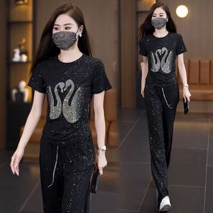 <span class=keywords><strong>Ensemble</strong></span> décontracté 2 pièces pour <span class=keywords><strong>femme</strong></span>, T-shirt imprimé cygne avec strass + <span class=keywords><strong>pantalon</strong></span> à cordon <span class=keywords><strong>de</strong></span> serrage, <span class=keywords><strong>ensemble</strong></span> <span class=keywords><strong>de</strong></span> vêtements <span class=keywords><strong>de</strong></span> détente scintillants - Product Image 3