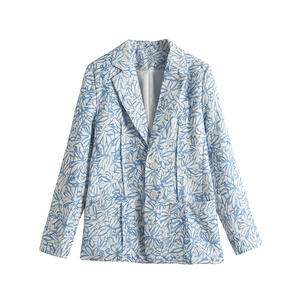 Blazer da <span class=keywords><strong>Donna</strong></span> in Cotone e <span class=keywords><strong>Lino</strong></span> con Motivi Floreali Blu, Giacca Lunga e Ampia, Cappotti e Giacche da <span class=keywords><strong>Donna</strong></span> - Product Image 1