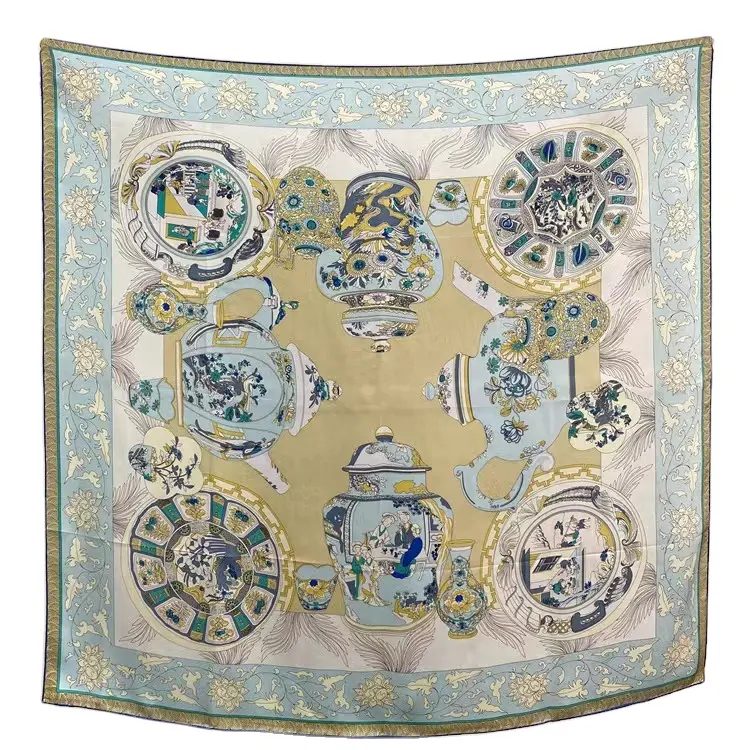 Zhejiang écharpe grands châles et foulards carrés luxe bleu et blanc porcelaine plaine crêpe satin 110cm foulards féminins