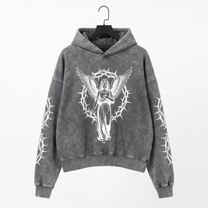 Sudadera con capucha de algodón de 450 g/m² de alto gramaje para hombre, estilo urbano, corte holgado, vintage, con estampado por descarga y lavado a la piedra, forro polar liso, OEM - Product Image 2