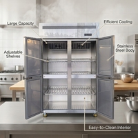 Congélateur commercial à 4 portes, refroidissement direct, température unique, en acier inoxydable 304, combiné réfrigérateur-congélateur pour restaurant et hôtel