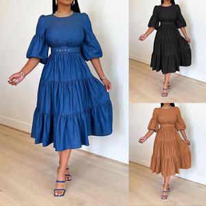 Gaun Jeans Wanita Terbaru Model Kerah Bulat Gaun Denim untuk Wanita Gaun Swing Berlipit - Product Image 2