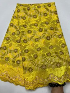 Algodón para encaje de voile, sarga, bordado floral curvo hueco, pedrería termoadhesiva, 5 yardas, vestido de novia nigeriano Aso Ebi para niñas - Product Image 6