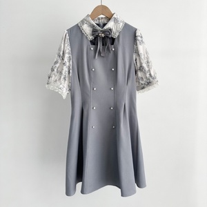 Ngọt Ngào Bow Tie Ren Lần Lượt Xuống Cổ Áo Ngắn Tay Áo Ăn Mặc Với Áo Choàng In Màu Sắc Tương Phản Chắp Vá Áo Choàng Ngắn Cho Phụ Nữ - Product Image 6