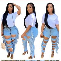 Jean en denim délavé de haute qualité pour femme, avec boutons et franges, coupe déchirée