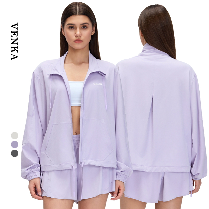Women Sporty Fitness Athletic Wear Lightweight Stand Collar Zip-Up Long Sleeves Top Loose Drawstring Hem Ladies Gym Yoga Jacket