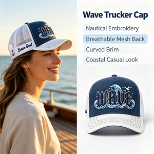 Nueva Gorra Trucker Casual para Exteriores con Bordado 3D <span class=keywords><strong>de</strong></span> Ondas, Visera Curva, Transpirable, Ajustable con Cierre a Presión, para Vacaciones en la Playa - Product Image 2
