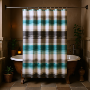 Rideau de douche imprimé à rayures en polyester, avec crochets, décoration de salle de bain de style vintage - Product Image 2