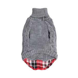 Classic Cable Knit Turtleneck Dog Sweater, Warm Gray Pet <strong>Jumper</strong> with Red Plaid Hem, Winter Dog Clothes for Small Medium Dogs - Product Image 2