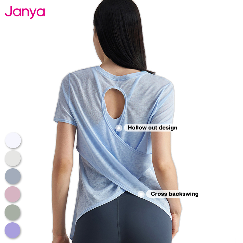 Summer New Hollow Out Cross Back Workout Tops Breathable Fitness Clothing Short Sleeve Yoga Tshirt Sports T Shirt for Women
