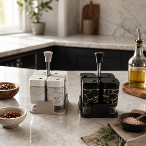Conjunto de 4 Potes de Vidro para Temperos com Tampa ABS, Hermético, Grau Alimentício, Design Mármore, Suporte para Condimentos, Pote de Armazenamento para Cozinha com Alça - Product Image 2