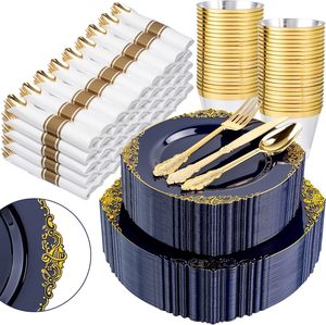 350 pièces de vaisselle en plastique <span class=keywords><strong>bleu</strong></span> et or pour 50 invités, 100 assiettes jetables <span class=keywords><strong>bleu</strong></span> <span class=keywords><strong>marine</strong></span> et or, 50 couverts pré-roulés, 50 gobelets - Product Image 1
