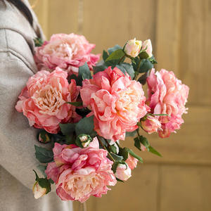 Pivoines artificielles en tissu de soie à 4 têtes, couleurs rose, violet, champagne, avec bords brûlés, pour centres de table – Vente en gros, produit phare - Product Image 3