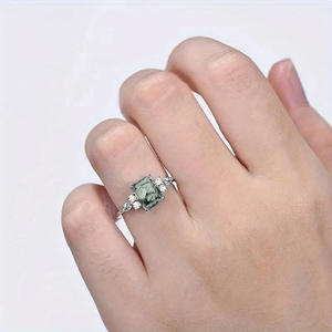 Anillo de Ágata Musgosa A140, Corte Esmeralda, Piedra Natural con Engaste de Puntas, Anillo de Compromiso para Mujer con Gema - Product Image 3