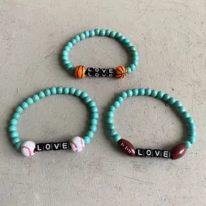 Vente en gros de bracelets turquoise pour couple, perles de basket-ball volley-ball personnalisées