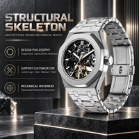 100 montres mécaniques squelette OEM en acier inoxydable pour hommes, cadran personnalisé, montre-bracelet automatique haut de gamme, verre minéral, lumineuses