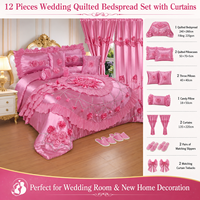 Ensemble de literie de luxe 12 pièces matelassé pour mariage avec rideaux, oreillers décoratifs, pantoufles – Ensemble complet de chambre nuptiale en gros