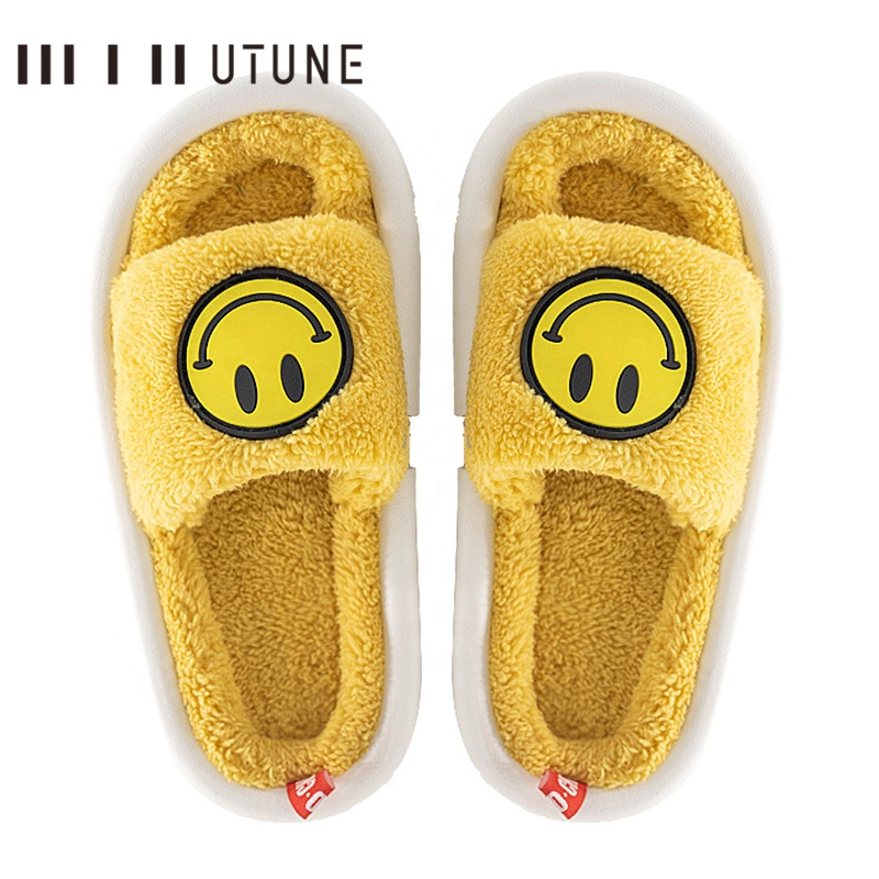 Зимние детские тапочки с улыбающимся лицом, домашние нескользящие легкие шлепанцы с открытым носком для мальчиков и девочек, обувь