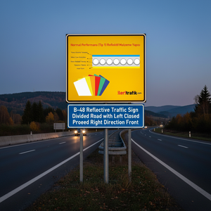 Panneau de signalisation routière réfléchissant B-48 de 90x90 cm, route divisée, direction à gauche interdite, direction à droite interdite, face avant - Product Image 3