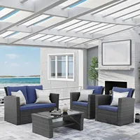 Factory Outdoor Patio Möbel Sets Wicker Conversation Set für Veranda Deck Grau Rattan Sofa Stuhl mit blauem Kissen