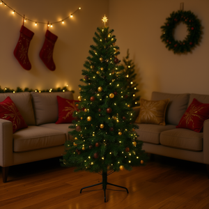 ต้นคริสต์มาสประดิษฐ์สีเขียวขนาด 94.5 นิ้ว พร้อมไฟ LED สีขาวอบอุ่นในตัว ฐานตั้งสำหรับตกแต่งภายใน พร้อมเครื่องประดับตกแต่ง - Product Image 2